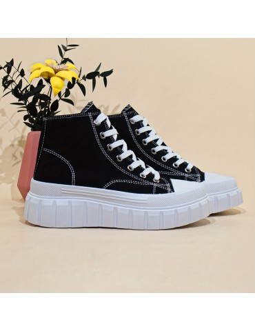 Women's Solid Color Canvas Shoes, Lace Up Comfy Platform Casual Shoes, Versatile High-top Shoes