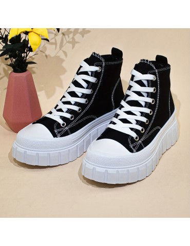 Women's Solid Color Canvas Shoes, Lace Up Comfy Platform Casual Shoes, Versatile High-top Shoes