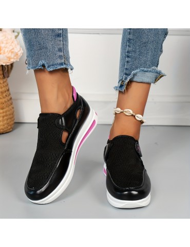 Women's Breathable Knit Platform Sneakers, Casual Hook & Loop Outdoor Shoes, Comfortable Cutout Shoes
