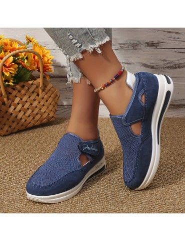 Women's Breathable Knit Platform Sneakers, Casual Hook & Loop Outdoor Shoes, Comfortable Cutout Shoes