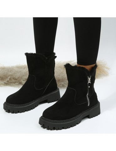Women's Solid Color Platform Short Boots, Casual Side Zipper Fur Lined Boots, Comfortable Winter Boots