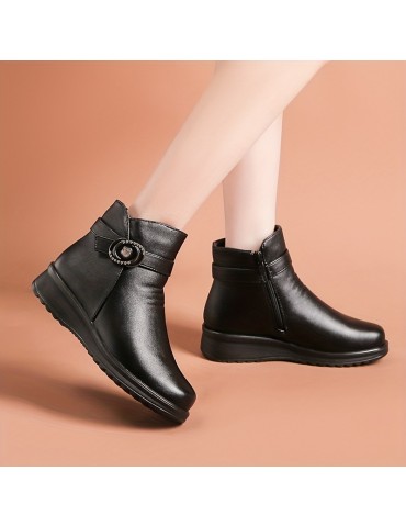 Women's Solid Color Platform Boots, Side Zipper Lined Fuzzy Non-slip Soft Boots, Winter Snow Casual & Comfy Shoes