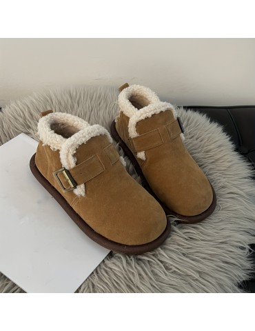 Women's Thermal Lined Flat Boots, Buckle Decor Soft Sole Winter Warm Shoes, Versatile Plush Non-slip Shoes