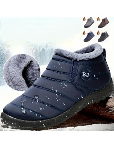 Women's Solid Color Flatform Boots, Slip On High-top Round Toe Non-slip Waterproof Velvet Warm Shoes, Plush Fluffy Shoes