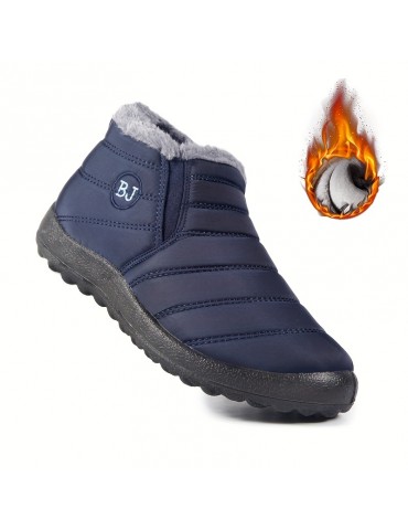 Women's Solid Color Flatform Boots, Slip On High-top Round Toe Non-slip Waterproof Velvet Warm Shoes, Plush Fluffy Shoes