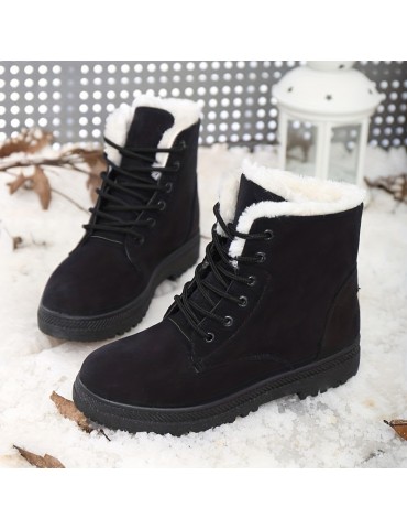 Women's Solid Color Platform Boots, Lace Up Velvet Warm Fluffy Non-slip Round Toe Outdoor Shoes, Winter Snow Boots
