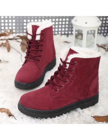 Women's Solid Color Platform Boots, Lace Up Velvet Warm Fluffy Non-slip Round Toe Outdoor Shoes, Winter Snow Boots