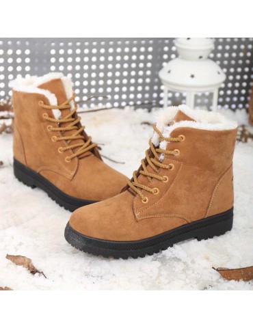 Women's Solid Color Platform Boots, Lace Up Velvet Warm Fluffy Non-slip Round Toe Outdoor Shoes, Winter Snow Boots