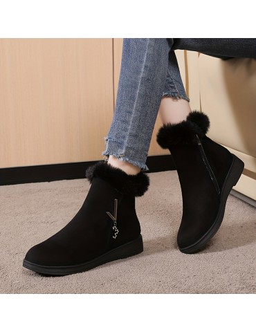 Women's Solid Color Fluffy Boots, Side Zipper Thermal Lined Platform Warm Shoes, Winter Plush Snow Ankle Shoes