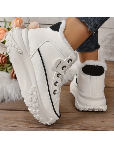 Women's Plush Lined Ankle Boots, Fashion Heightening Lace Up Platform Boots, Winter Warm Outdoor Short Boots