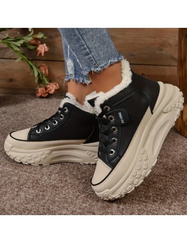 Women's Plush Lined Ankle Boots, Fashion Heightening Lace Up Platform Boots, Winter Warm Outdoor Short Boots