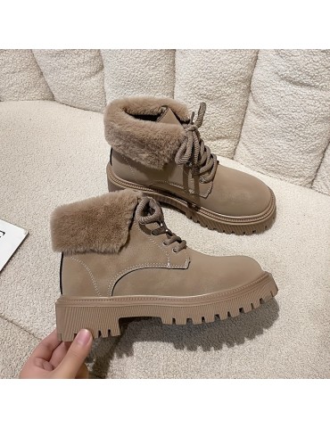 Women's Solid Color Fluffy Boots, Lace Up Sof Sole Platform Warm Lined Boots, Winter Plush Non-slip Snow Boots