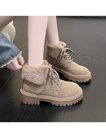 Women's Solid Color Fluffy Boots, Lace Up Sof Sole Platform Warm Lined Boots, Winter Plush Non-slip Snow Boots