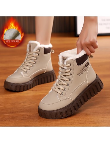 Women's Solid Color Fluffy Boots, Lace Up Soft Sole Platform Plush Lined Boots, Non-slip Winter Snow Boots