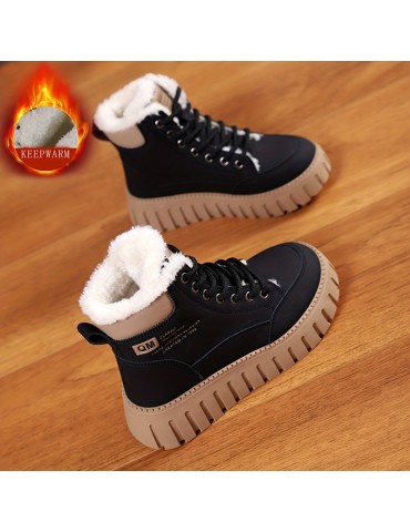 Women's Solid Color Fluffy Boots, Lace Up Soft Sole Platform Plush Lined Boots, Non-slip Winter Snow Boots