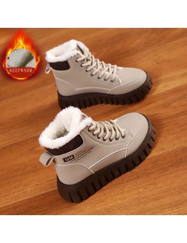 Women's Solid Color Fluffy Boots, Lace Up Soft Sole Platform Plush Lined Boots, Non-slip Winter Snow Boots