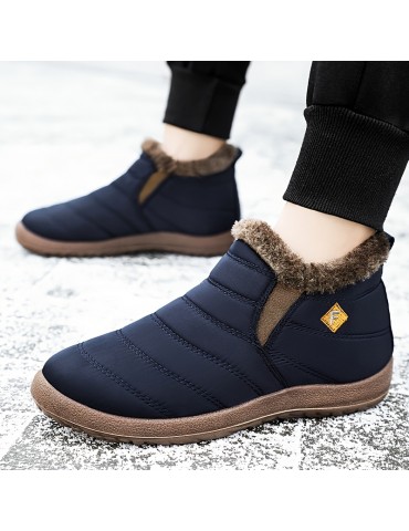 Women's Waterproof Snow Boots, Solid Color Plush Lined Slip On Ankle Boots, Winter Warm Outdoor Flat Boots
