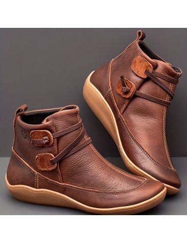 Women's Retro Ankle Boots, Solid Color Slip On Faux Leather Flat Boots, Women's Footwear