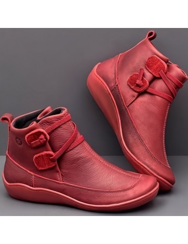 Women's Retro Ankle Boots, Solid Color Slip On Faux Leather Flat Boots, Women's Footwear