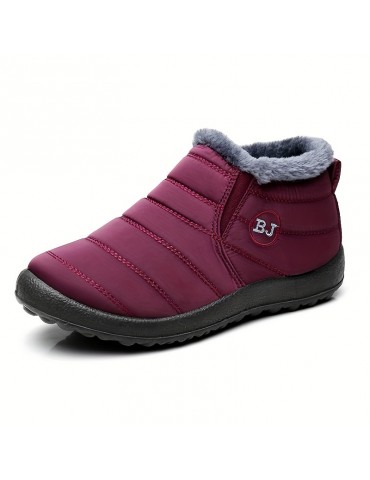 Women's Fleece Lining Snow Boots, Waterproof Slip On Thermal Ankle Boots, Winter Warm Plush Short Boots