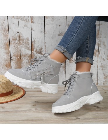 Women's Platform Short Boots, Casual Lace Up Plush Lined Winter Boots, Comfortable Side Zipper Ankle Boots