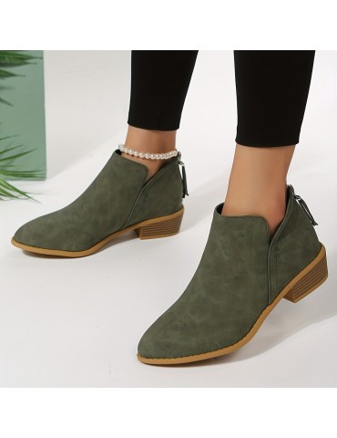 Women's Chunky Heeled Ankle Boots, Pointed Toe Zipper Stacked Heeled Shoes, Retro Short Boots