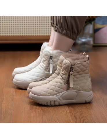 Women's Solid Color Boots, Side Zipper Quilted Pattern Slip On Round Toe Velvet Warm Fluffy Soft Shoes, Winter Comfy Shoes
