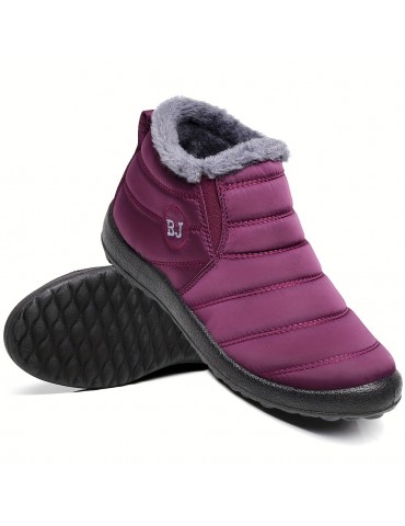 Women's Solid Color Snow Boots, Casual Slip On Plush Lined Short Boots, Comfortable Ankle Booties