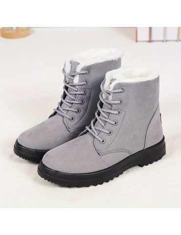 Women's Round Toe Lace Up Boots, Warm Faux Fur Lined Ankle Boots, Women's Footwear