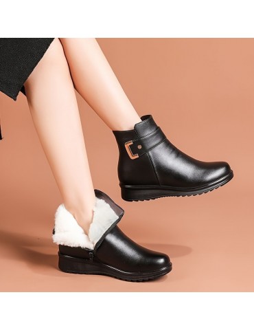 Women's Winter Plush Lined Ankle Boots, Buckle Detail Side Zipper Warm Boots, Thermal Outdoor Short Boots