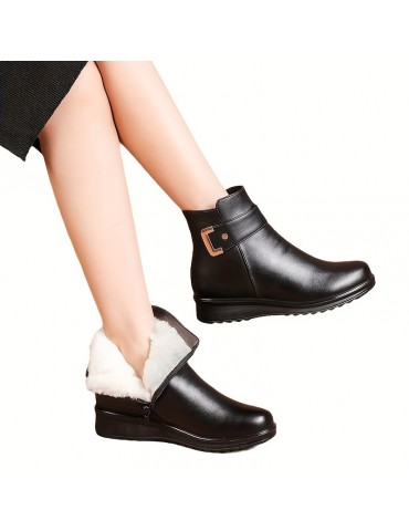 Women's Winter Plush Lined Ankle Boots, Buckle Detail Side Zipper Warm Boots, Thermal Outdoor Short Boots
