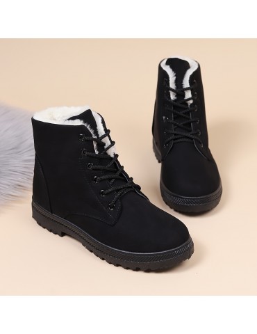 Women's Warm Snow Boots, Casual Solid Color Lace Up Plush Lined Ankle Boots, Fuzzy & Comfortable Outdoor Shoes