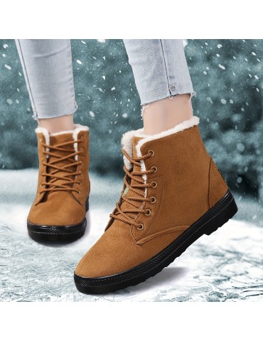 Women's Suedette Pattern Flatform Boots, Lace Up Thick Bottom Velvet Warm Non-slip Snow Boots, Wear-resistant Comfy Shoes