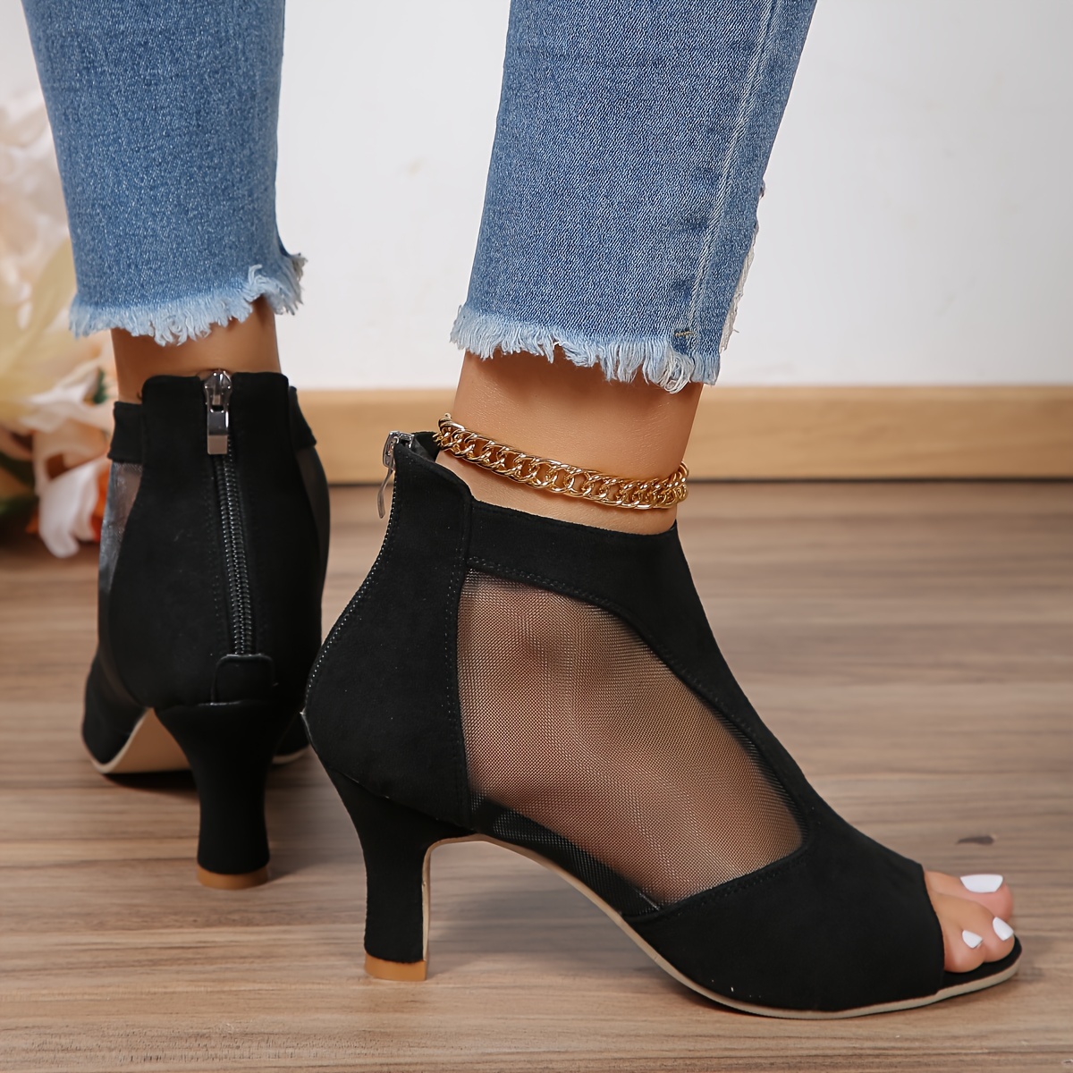 womens breathable mesh chunky heel sandals fashion open toe dress pumps stylish back zipper sandals details 5