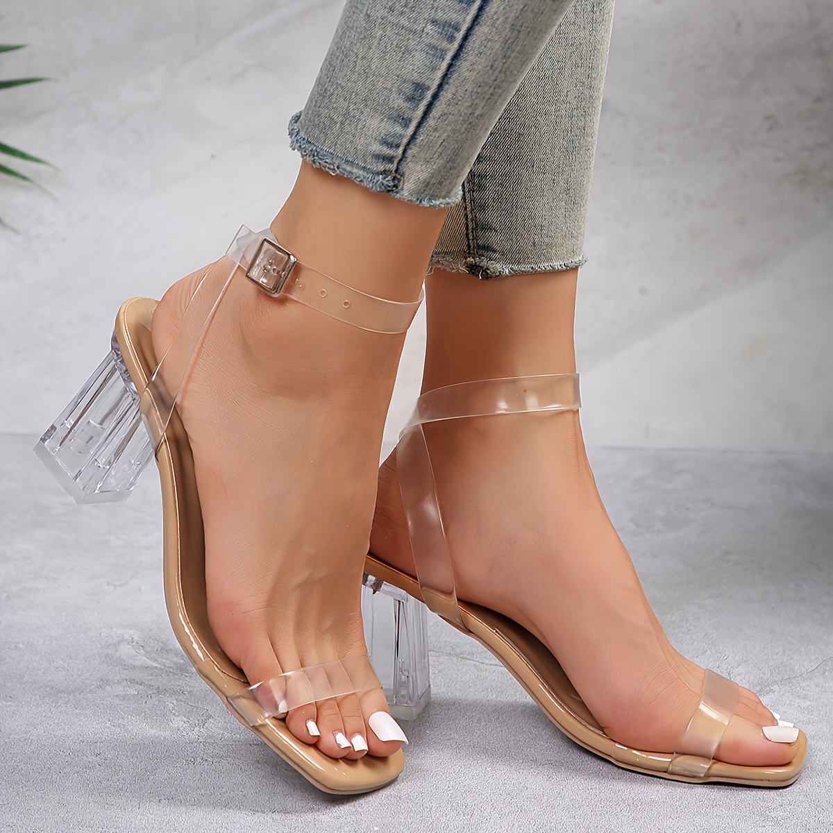womens chunky heel sandals casual square toe dress pumps fashion transparent buckle strap heels details 1