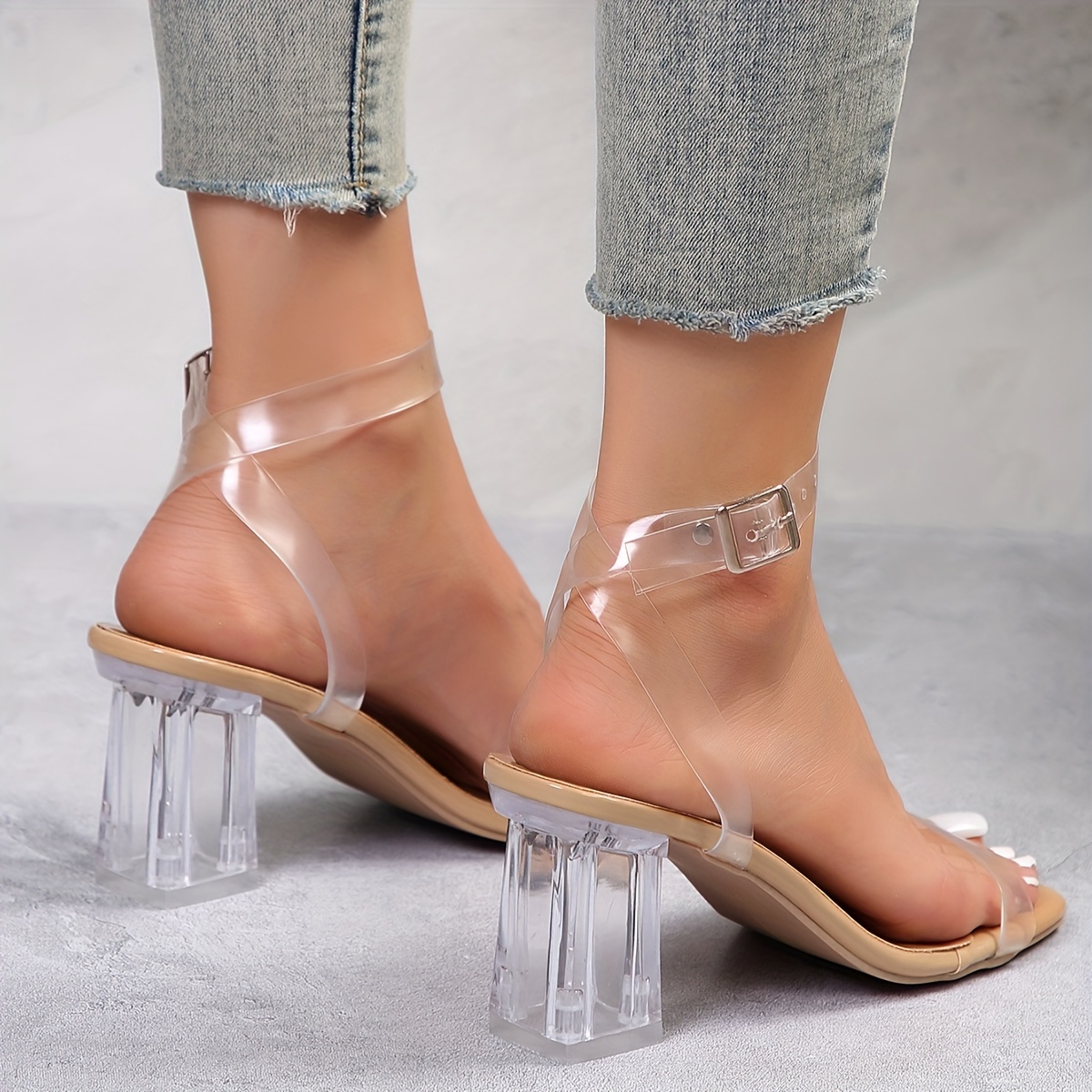 womens chunky heel sandals casual square toe dress pumps fashion transparent buckle strap heels details 4