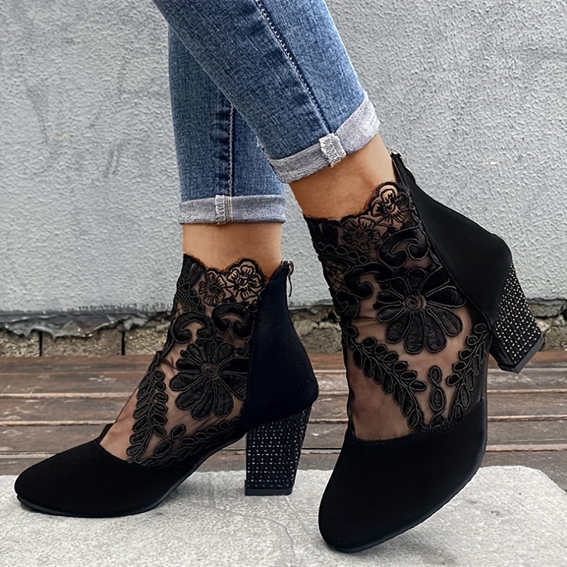 heeled sandals, womens block heeled sandals trendy lace back zipper pumps fashion versatile dress heels details 3