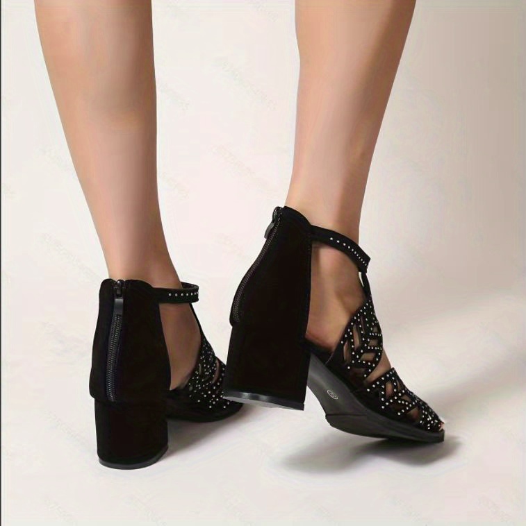 womens chunky heeled sandals peep toe rhinestone decor back zipper mid heels fashion dress shoes details 4