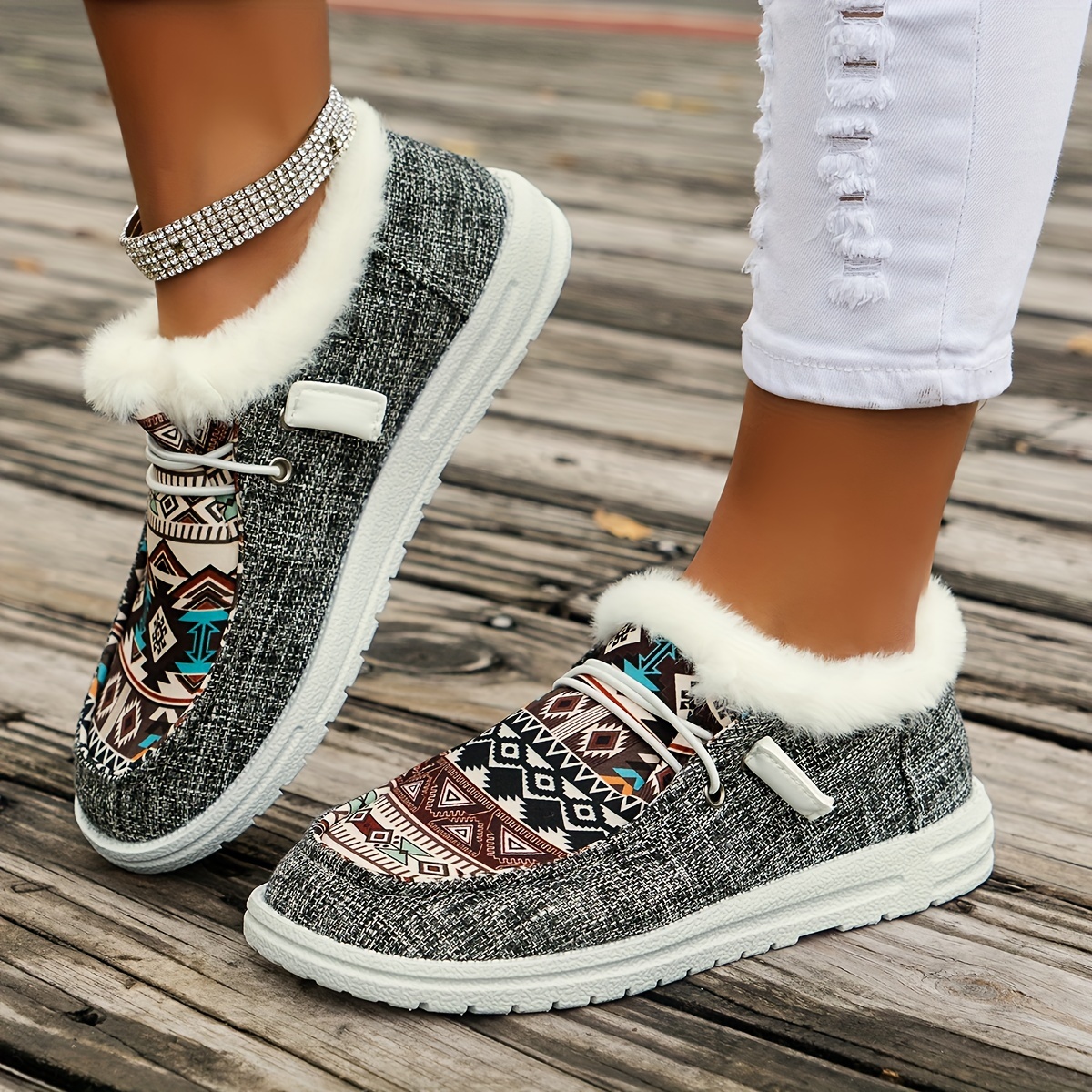 womens tribal pattern canvas shoes winter plush lined low top sneakers thermal outdoor walking flat shoes details 0