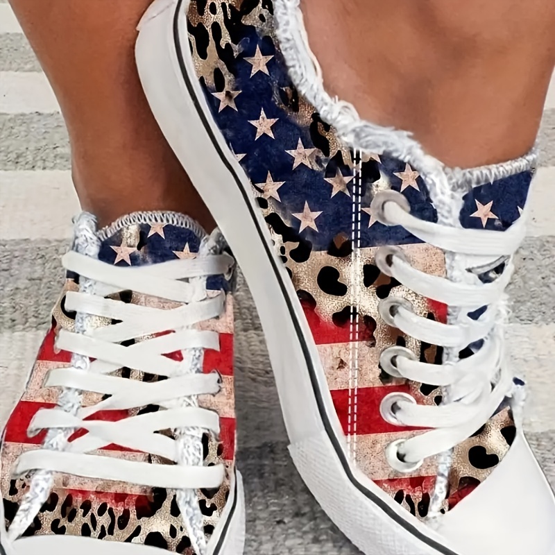 womens star striped print sneakers casual lace up outdoor shoes lightweight the 4th of july shoes details 1