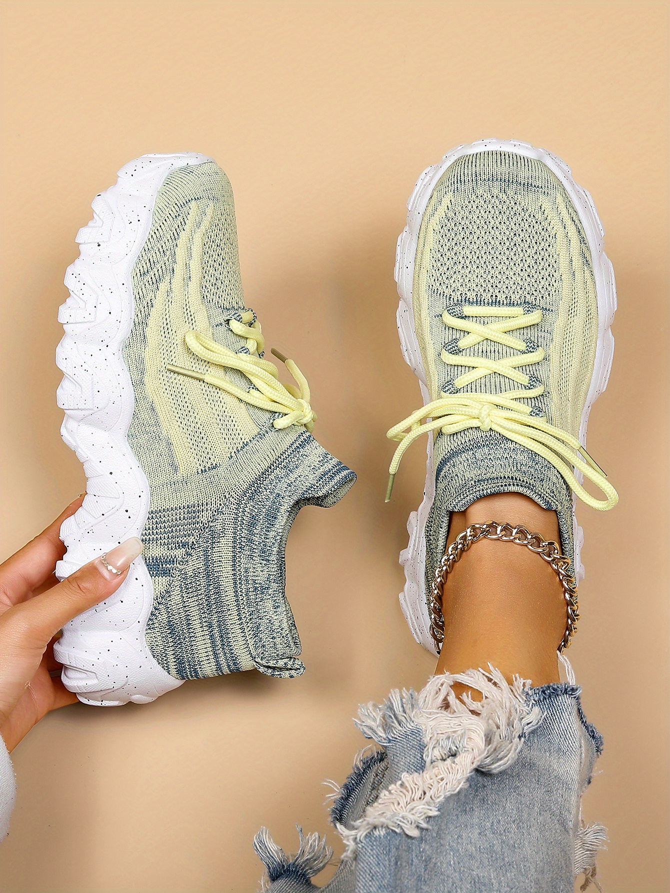 womens breathable knit platform sneakers casual lace up outdoor shoes comfortable low top trainers details 0