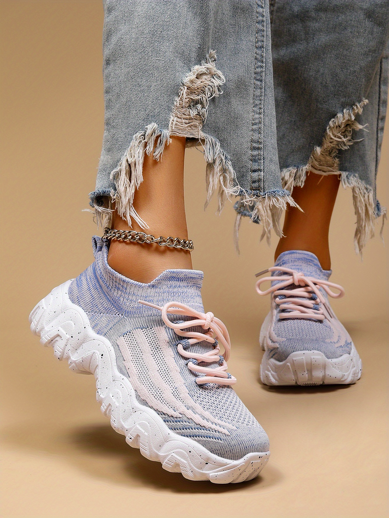 womens breathable knit platform sneakers casual lace up outdoor shoes comfortable low top trainers details 15