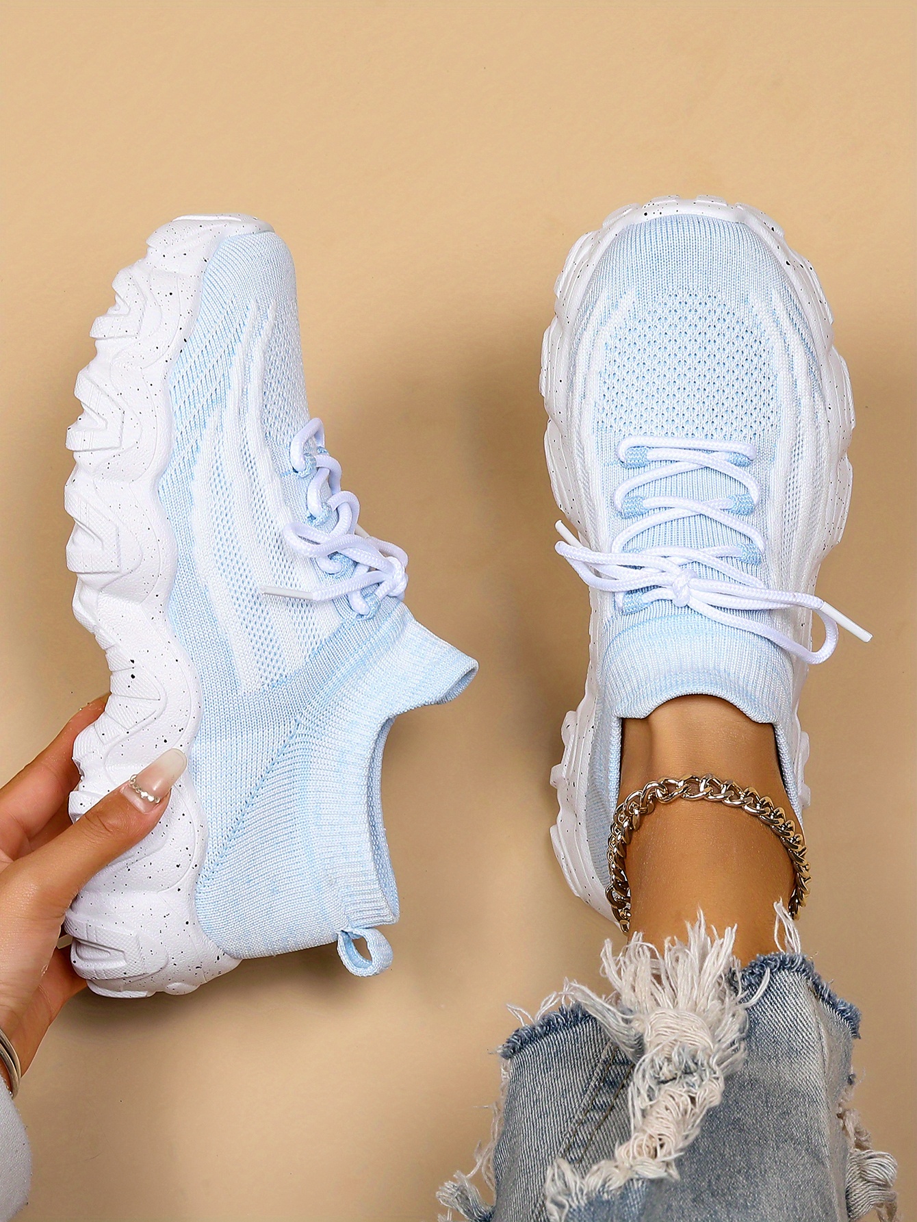 womens breathable knit platform sneakers casual lace up outdoor shoes comfortable low top trainers details 18