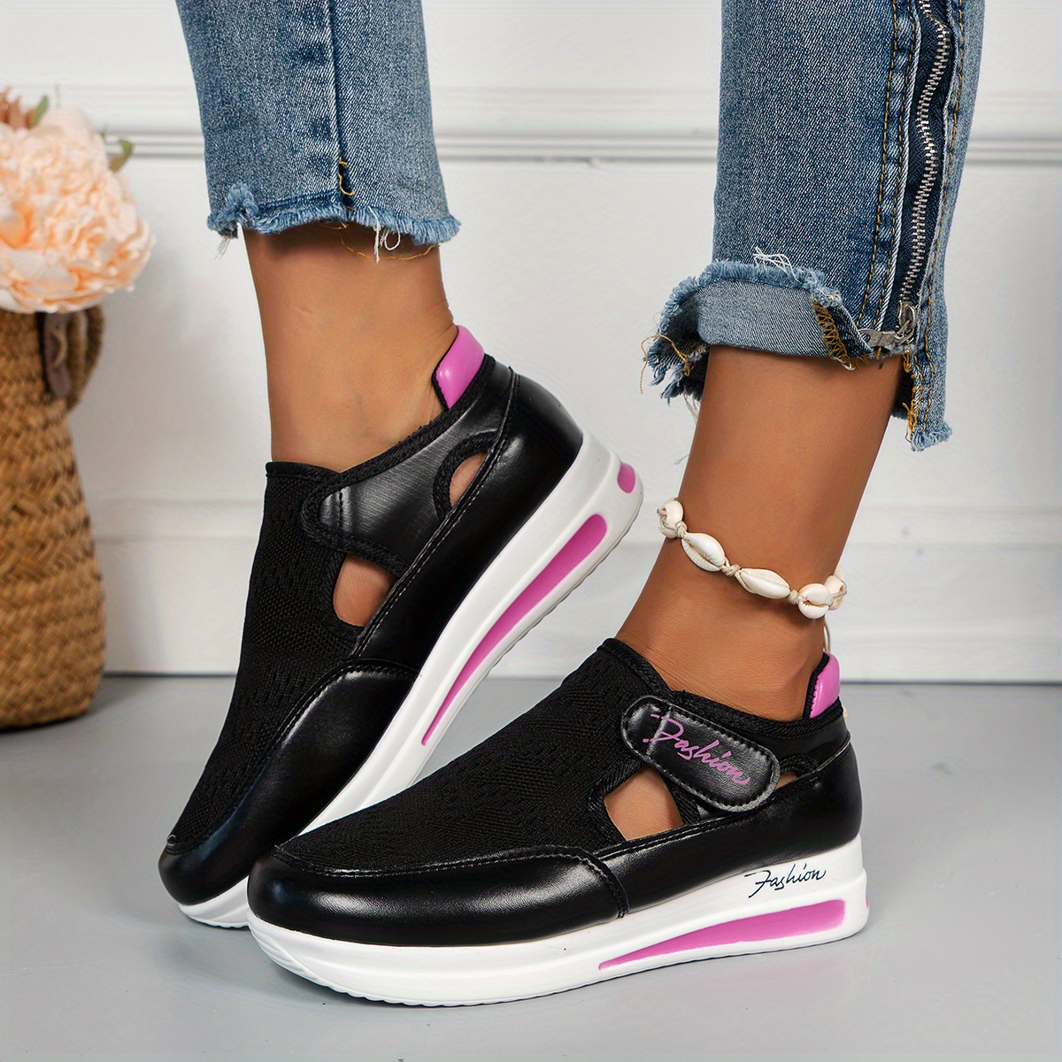 womens breathable knit platform sneakers casual hook loop outdoor shoes comfortable cutout shoes details 0