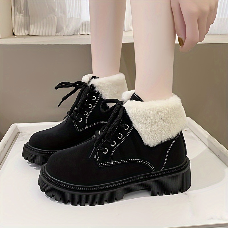 womens solid color fluffy boots lace up sof sole platform warm lined boots winter plush non slip snow boots details 3