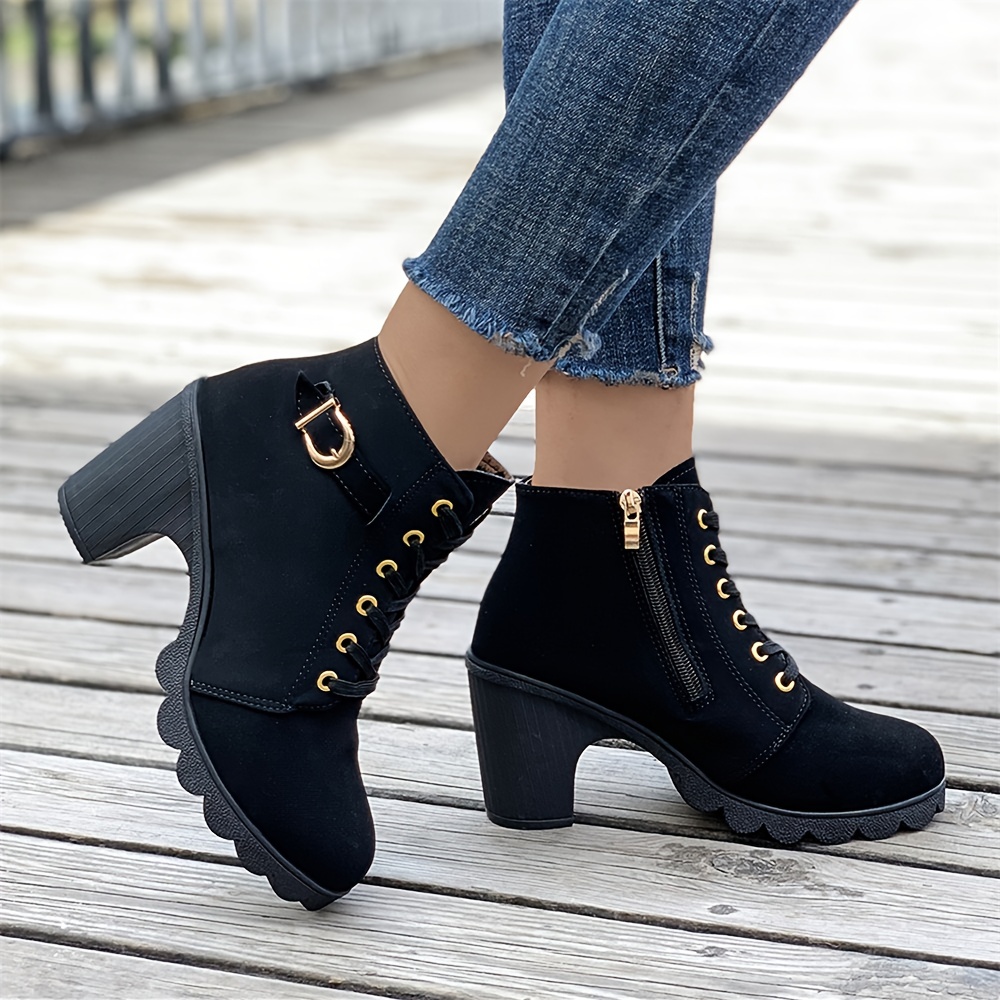 womens chunky heeled ankle boots solid color side zipper boots beer festival dress shoes details 1