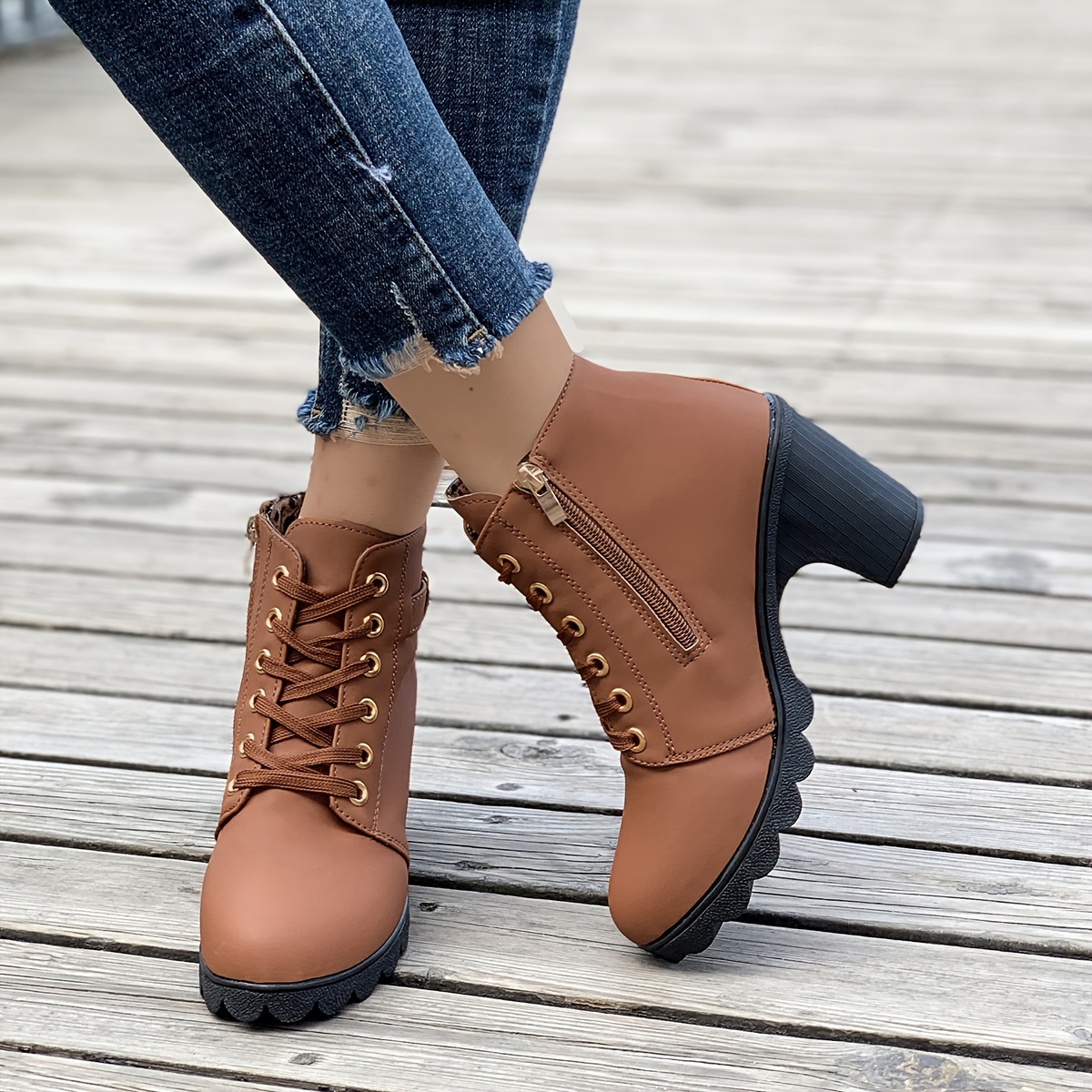 womens chunky heeled ankle boots solid color side zipper boots beer festival dress shoes details 3