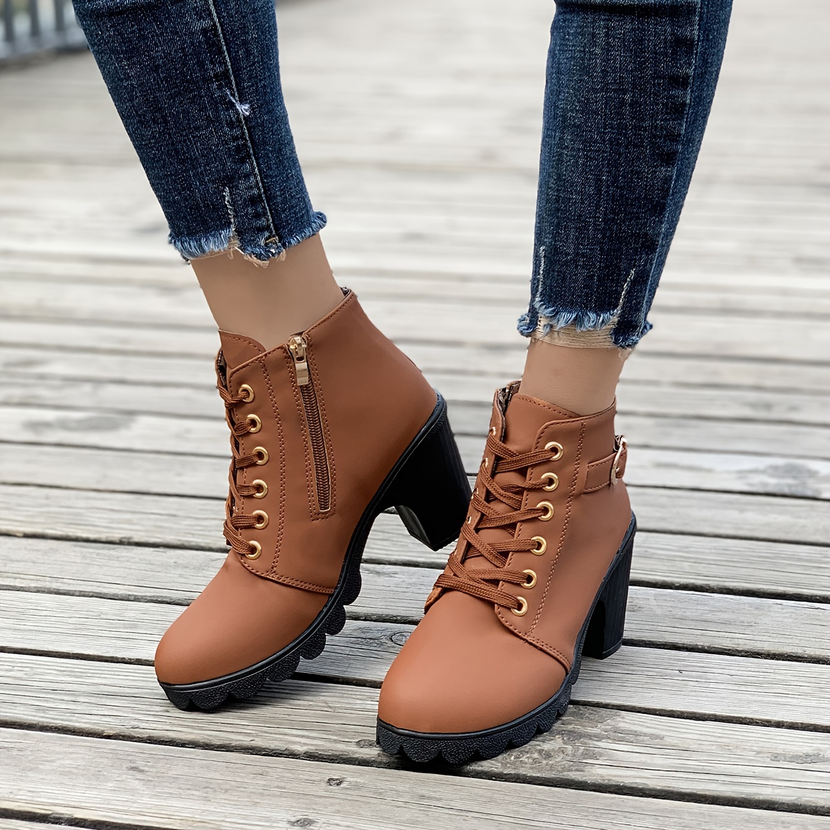 womens chunky heeled ankle boots solid color side zipper boots beer festival dress shoes details 4